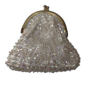Vintage 50s Small Sequins Beaded Coin Purse White Iridescent